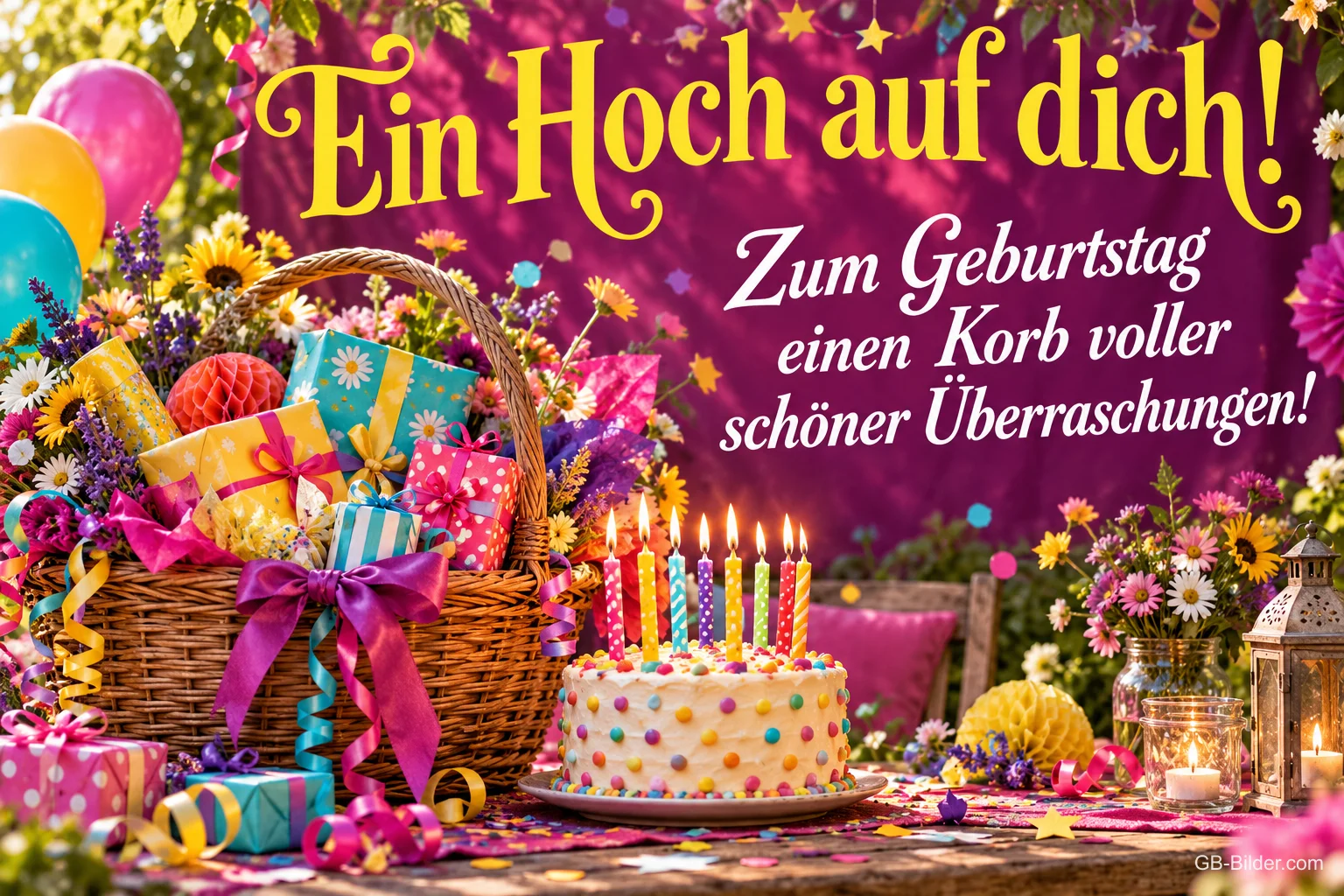 Korb voller Geschenke, Luftballons und Torte mit Kerzen, Text: Ein Hoch auf dich! Zum Geburtstag einen Korb voller schöner Überraschungen!