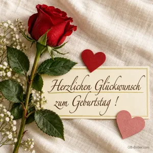 Rote Rose neben einer Karte und zwei Herzen, Text: Herzlichen Glückwunsch zum Geburtstag!