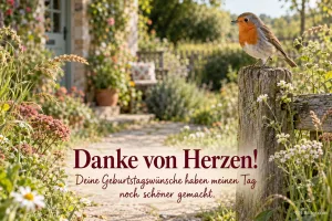 Rotkehlchen auf einem Zaunpfosten im blühenden Garten, Text: Danke von Herzen! Deine Geburtstagswünsche haben meinen Tag noch schöner gemacht.