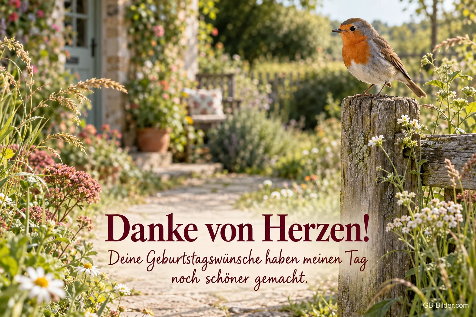 Rotkehlchen auf einem Zaunpfosten im blühenden Garten, Text: Danke von Herzen! Deine Geburtstagswünsche haben meinen Tag noch schöner gemacht. Rotkehlchen auf einem Zaunpfosten im blühenden Garten, Text: Danke von Herzen! Deine Geburtstagswünsche haben meinen Tag noch schöner gemacht.