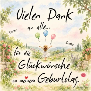 Mädchen mit Strohhut steht mit Luftballons auf einer Blumenwiese, Text: Vielen Dank an alle… für die Glückwünsche zu meinem Geburtstag.
