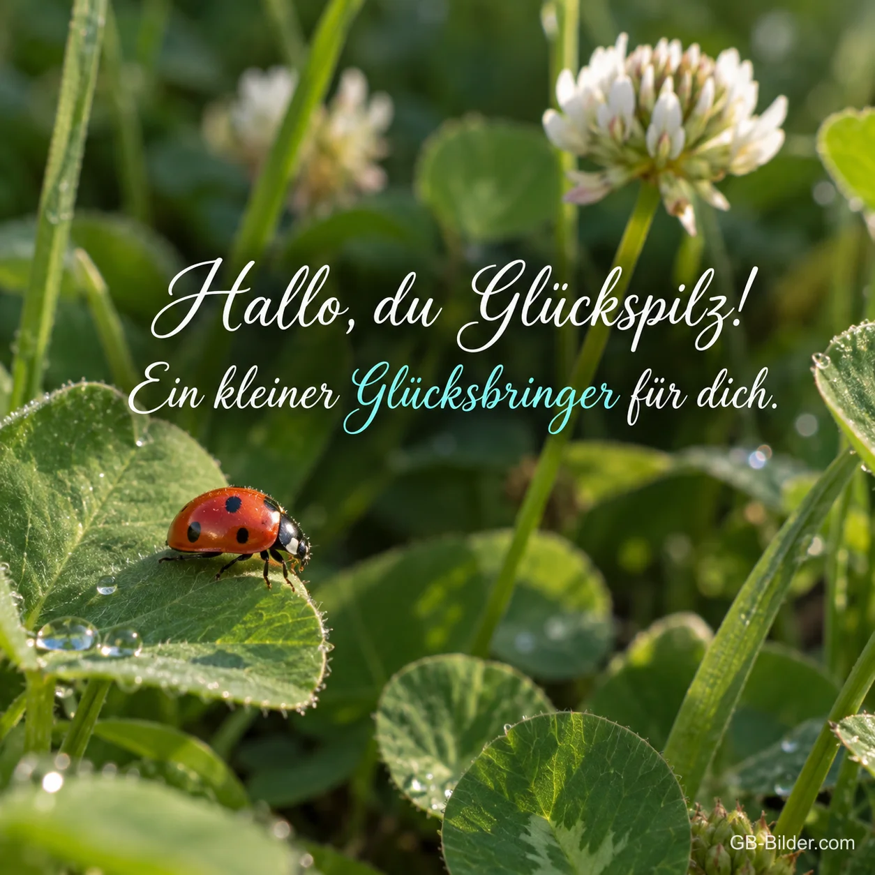 Marienkäfer auf einem Kleeblatt, Text: Hallo, du Glückspilz! Ein kleiner Glücksbringer für dich. Marienkäfer auf einem Kleeblatt, Text: Hallo, du Glückspilz! Ein kleiner Glücksbringer für dich.