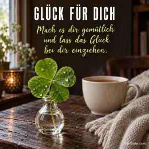 Kleeblatt in kleiner Glasvase neben Teetasse, Text: Glück für dich