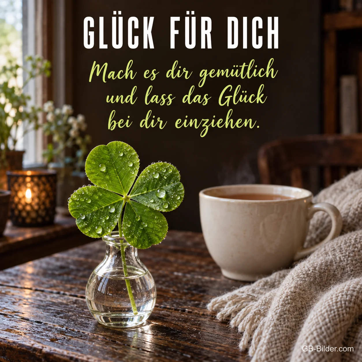 Kleeblatt in kleiner Glasvase neben Teetasse, Text: Glück für dich Kleeblatt in kleiner Glasvase neben Teetasse, Text: Glück für dich