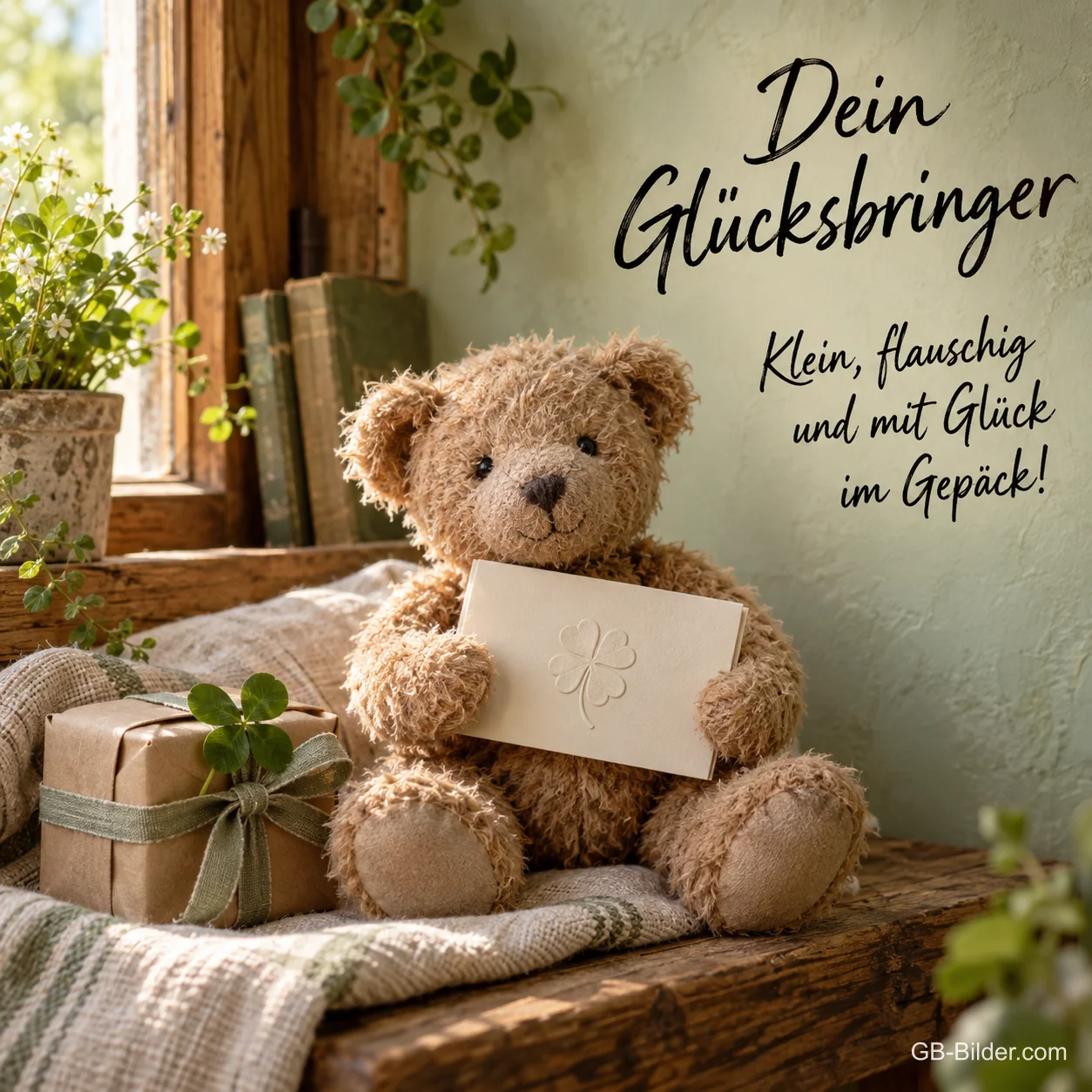 Teddybär mit Karte und Geschenk, Text: Dein Glücksbringer – Klein, flauschig und mit Glück im Gepäck! Teddybär mit Karte und Geschenk, Text: Dein Glücksbringer – Klein, flauschig und mit Glück im Gepäck!