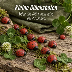 Holzmarienkäfer auf Moos und Klee, Text: Kleine Glücksboten – Möge das Glück ganz leise bei dir landen.