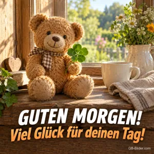 Teddybär mit Kleeblatt am Fenster, Text: Guten Morgen! Viel Glück für deinen Tag!