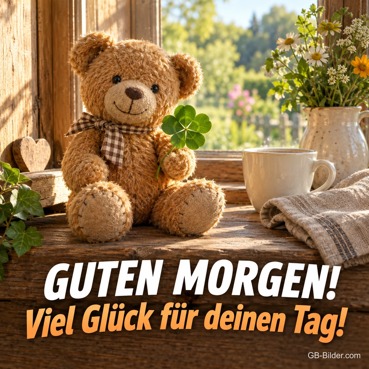 Teddybär mit Kleeblatt am Fenster, Text: Guten Morgen! Viel Glück für deinen Tag! Teddybär mit Kleeblatt am Fenster, Text: Guten Morgen! Viel Glück für deinen Tag!