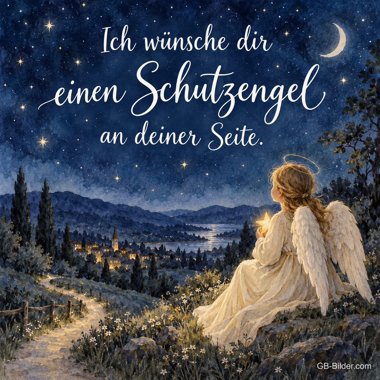 Engel über einem nächtlichen Tal, Text: Ich wünsche dir einen Schutzengel an deiner Seite. Engel über einem nächtlichen Tal, Text: Ich wünsche dir einen Schutzengel an deiner Seite.