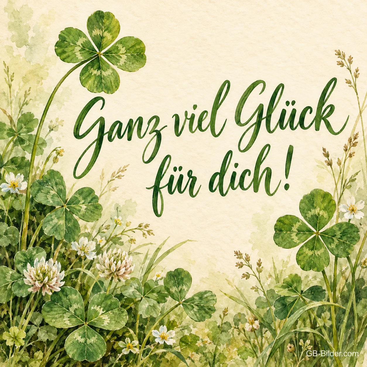 Kleeblätter in Aquarell, Text: Ganz viel Glück für dich! Kleeblätter in Aquarell, Text: Ganz viel Glück für dich!