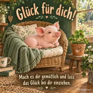 Ferkel auf einem Korbsessel, Text: Glück für dich!