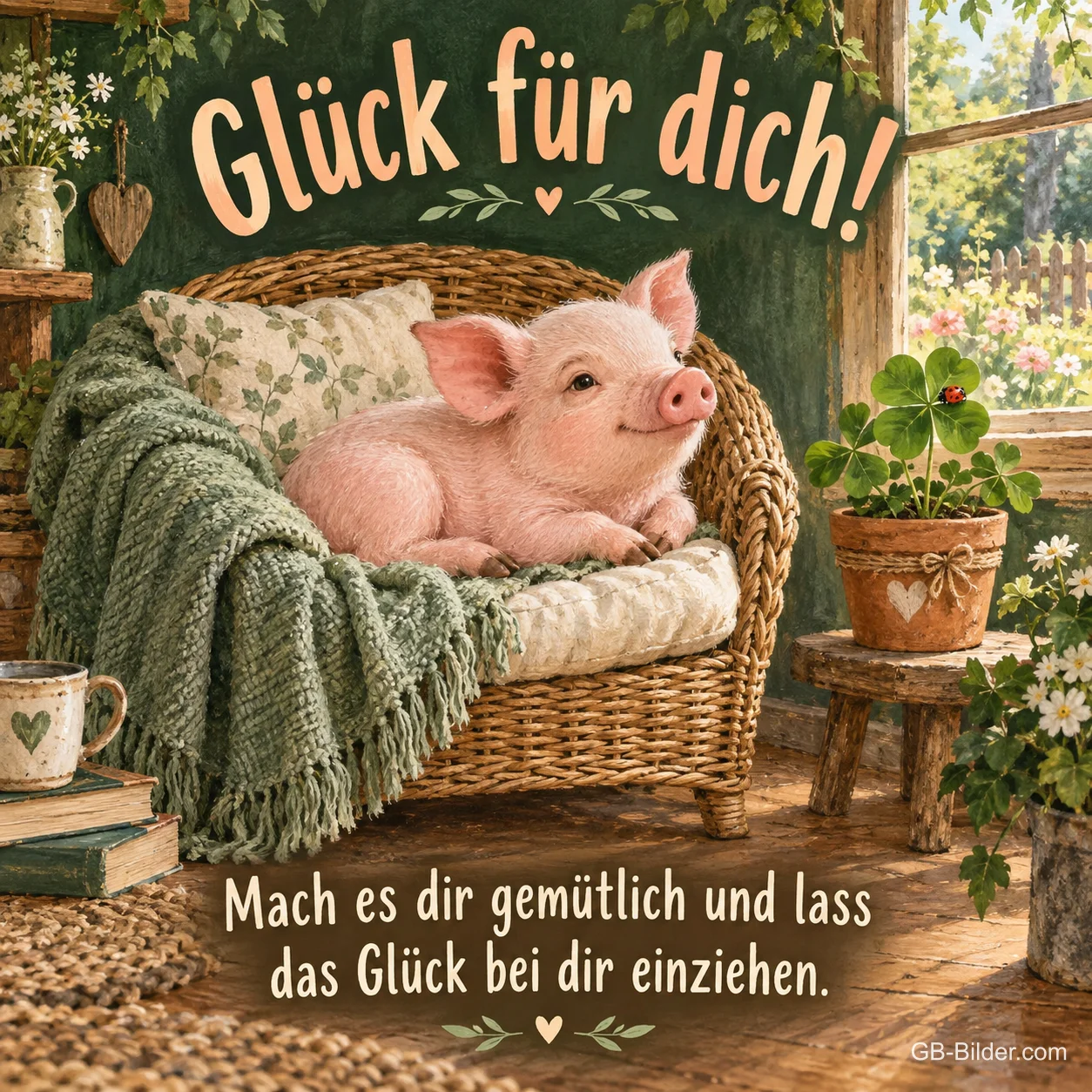 Ferkel auf einem Korbsessel, Text: Glück für dich! Ferkel auf einem Korbsessel, Text: Glück für dich!