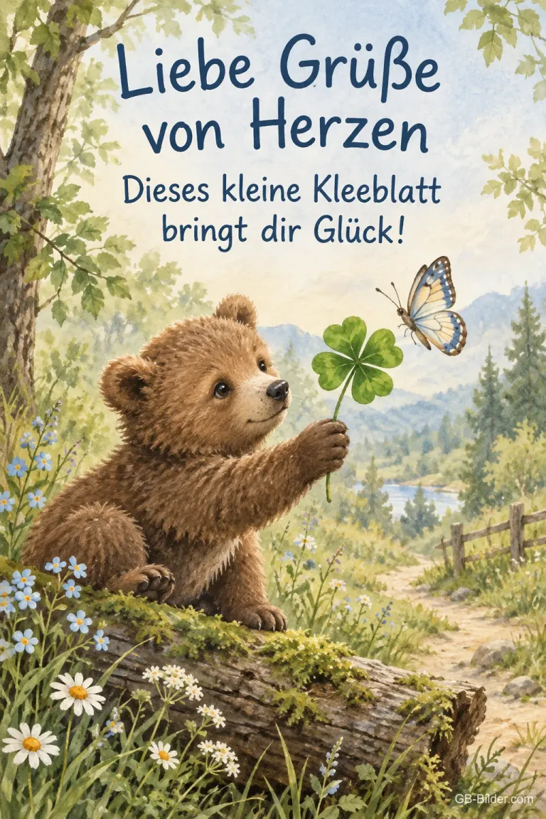 Bärenjunges mit Kleeblatt, Text: Dieses kleine Kleeblatt bringt dir Glück!
