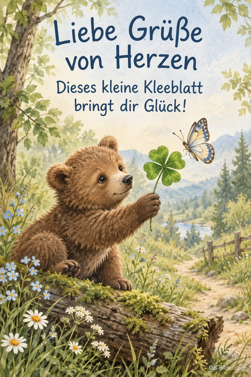 Bärenjunges mit Kleeblatt, Text: Dieses kleine Kleeblatt bringt dir Glück! Bärenjunges mit Kleeblatt, Text: Dieses kleine Kleeblatt bringt dir Glück!