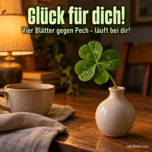 Kleeblatt in kleiner Vase, Text: Glück für dich! Vier Blätter gegen Pech – läuft bei dir!