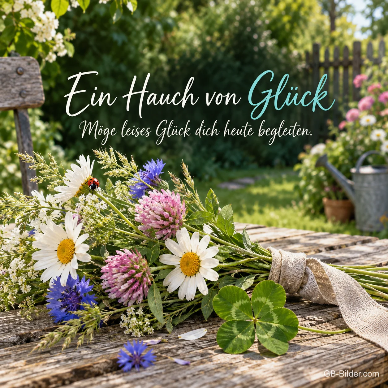 Wiesenblumenstrauß mit Kleeblatt, Text: Ein Hauch von Glück Wiesenblumenstrauß mit Kleeblatt, Text: Ein Hauch von Glück