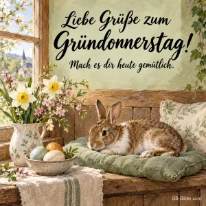 Hase auf einem Kissen mit Ostereiern, Text: Liebe Grüße zum Gründonnerstag!