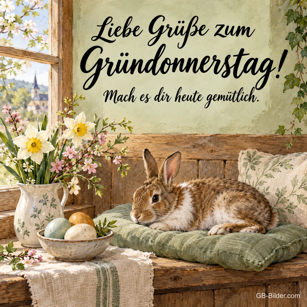 Hase auf einem Kissen mit Ostereiern, Text: Liebe Grüße zum Gründonnerstag! Hase auf einem Kissen mit Ostereiern, Text: Liebe Grüße zum Gründonnerstag!