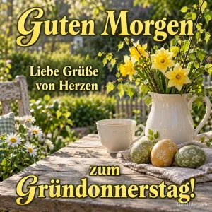 Osterglocken und Ostereier auf dem Gartentisch, Text: Guten Morgen – Liebe Grüße zum Gründonnerstag!