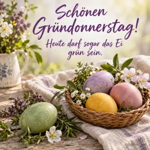 Pastellfarbene Ostereier im Korb, Text: Schönen Gründonnerstag! Heute darf sogar das Ei grün sein.