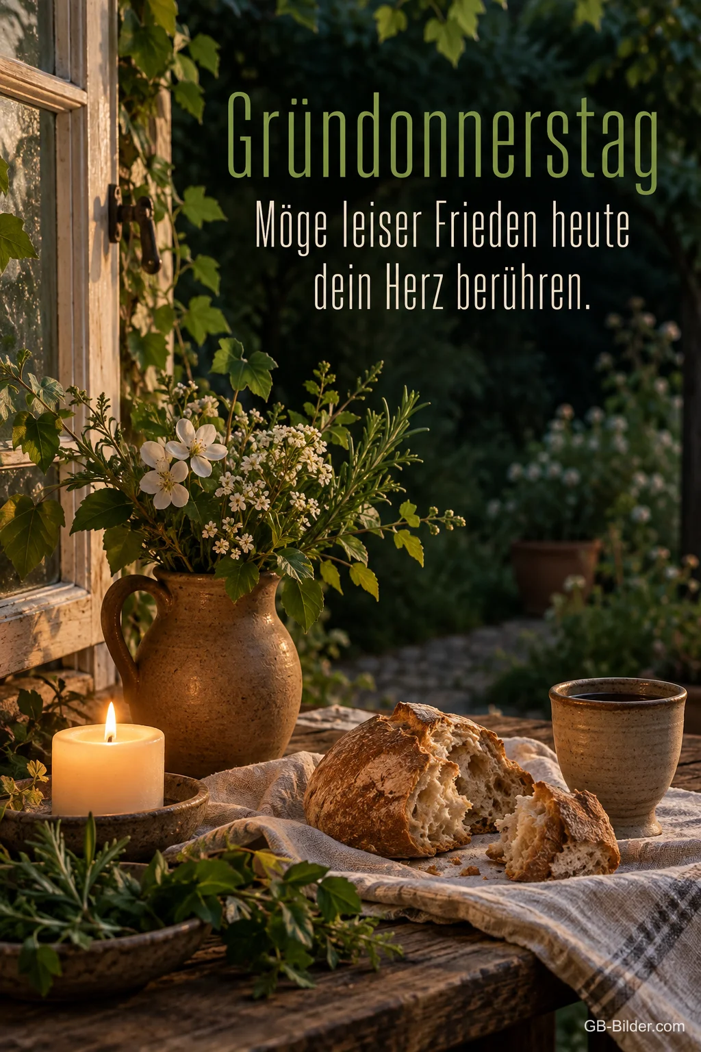 Brot, Becher und Kerze am Fenster, Text: Gründonnerstag – Möge leiser Frieden heute dein Herz berühren. Brot, Becher und Kerze am Fenster, Text: Gründonnerstag – Möge leiser Frieden heute dein Herz berühren.