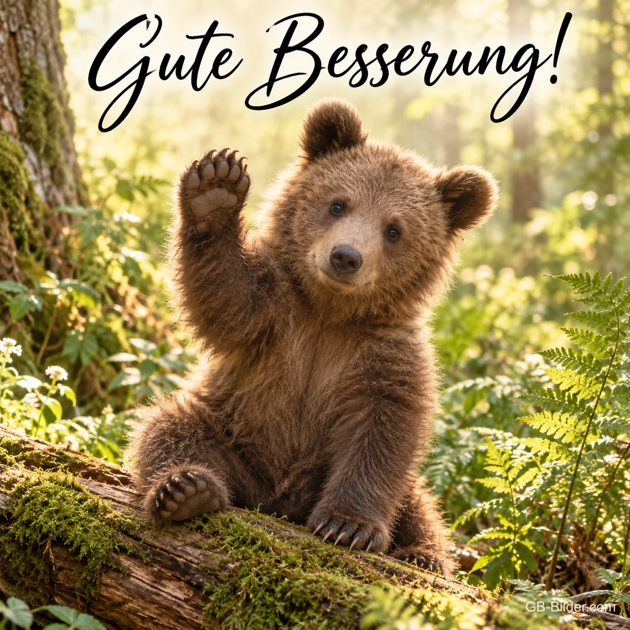 Bärenjunges winkt auf einem Baumstamm im Wald, Text: Gute Besserung! Bärenjunges winkt auf einem Baumstamm im Wald, Text: Gute Besserung!