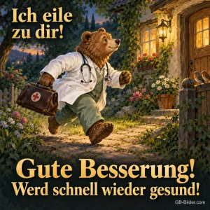 Bär im Arztkittel eilt mit Arzttasche zu einem Haus, Text: Ich eile zu dir! – Gute Besserung! Werd schnell wieder gesund!