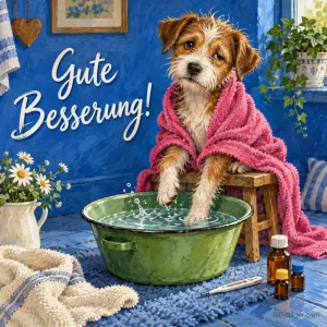 Hund mit Handtuch hält die Pfoten in ein Fußbad, Text: Gute Besserung!