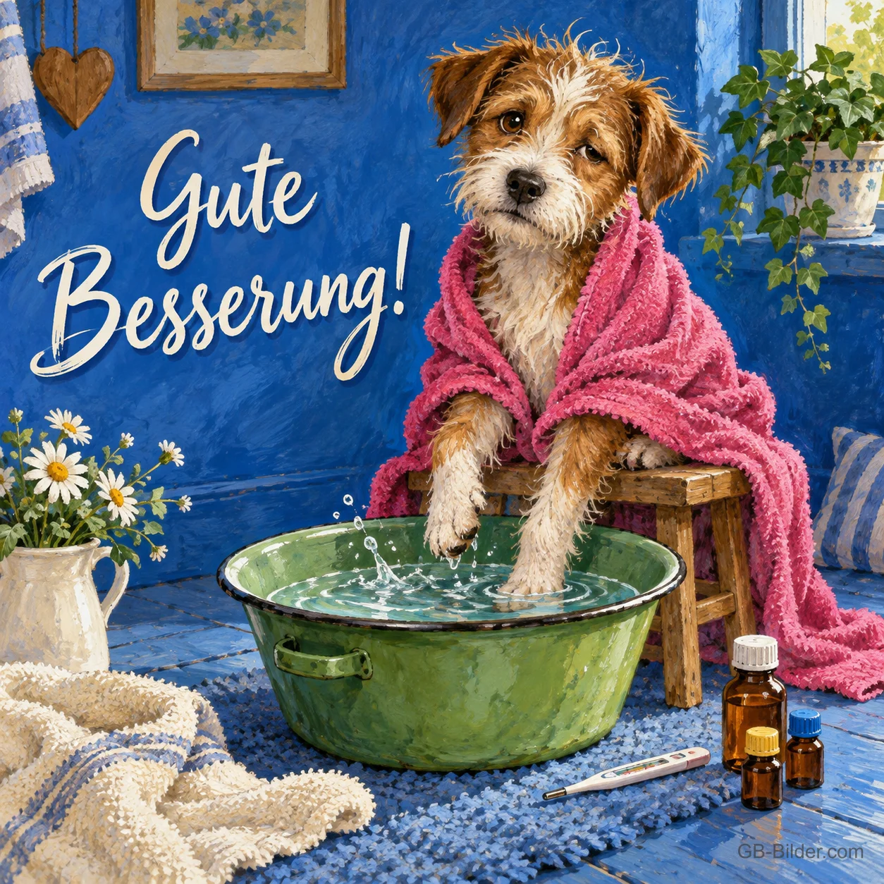Hund mit Handtuch hält die Pfoten in ein Fußbad, Text: Gute Besserung! Hund mit Handtuch hält die Pfoten in ein Fußbad, Text: Gute Besserung!