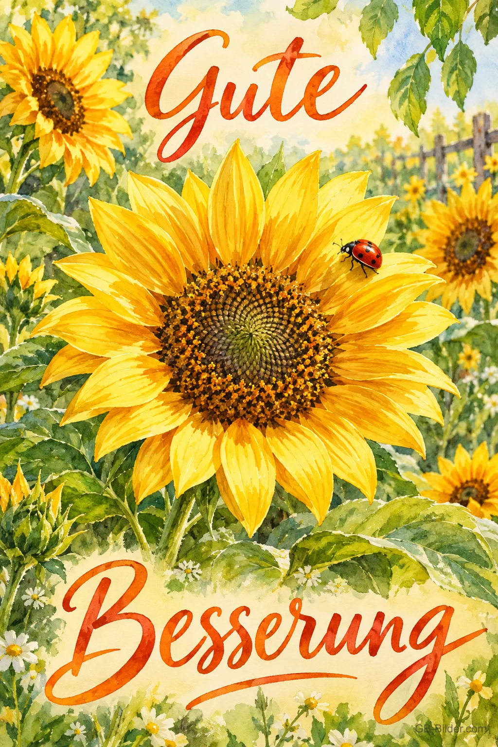 Sonnenblume mit Marienkäfer, Text: Gute Besserung Sonnenblume mit Marienkäfer, Text: Gute Besserung