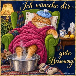 Roter Kater mit Fieberthermometer und Eisbeutel im Sessel, Füße im Fußbad, Text: Ich wünsche dir gute Besserung!