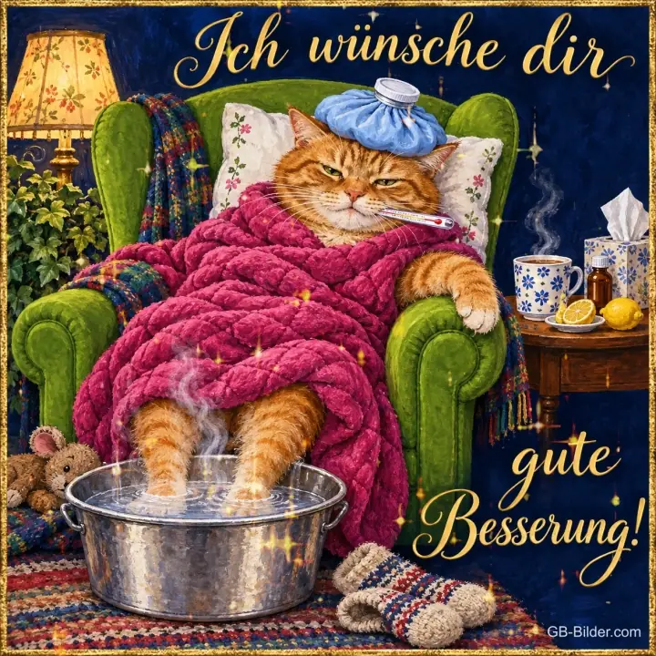Roter Kater mit Fieberthermometer und Eisbeutel im Sessel, Füße im Fußbad, Text: Ich wünsche dir gute Besserung! Roter Kater mit Fieberthermometer und Eisbeutel im Sessel, Füße im Fußbad, Text: Ich wünsche dir gute Besserung!