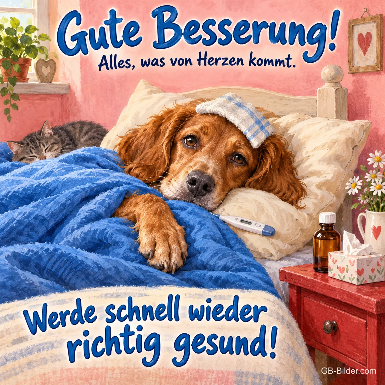 Hund mit Kühlkissen liegt im Bett, Katze schläft daneben, Text: Gute Besserung! – Werde schnell wieder richtig gesund! Hund mit Kühlkissen liegt im Bett, Katze schläft daneben, Text: Gute Besserung! – Werde schnell wieder richtig gesund!