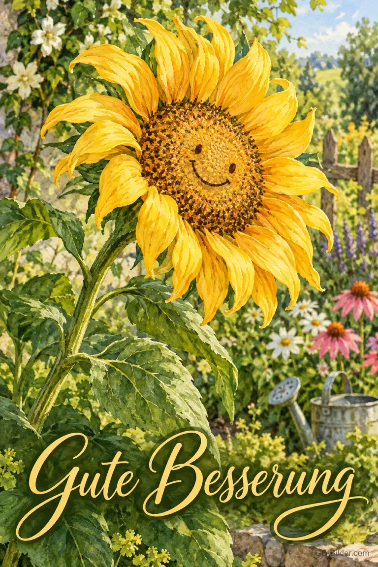 Sonnenblume mit lächelndem Gesicht im Garten, Text: Gute Besserung