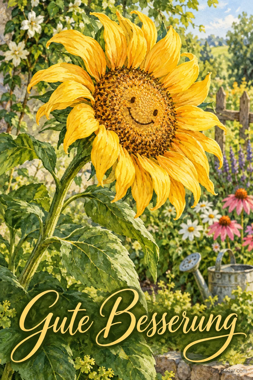 Sonnenblume mit lächelndem Gesicht im Garten, Text: Gute Besserung Sonnenblume mit lächelndem Gesicht im Garten, Text: Gute Besserung