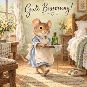 Maus in Schürze bringt Medizin auf einem Tablett ans Krankenbett, Text: Gute Besserung!