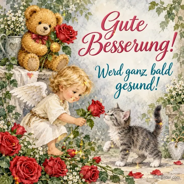 Kleiner Engel reicht einem Kätzchen eine Rose, Teddy daneben, Text: Gute Besserung! – Werd ganz bald gesund! Kleiner Engel reicht einem Kätzchen eine Rose, Teddy daneben, Text: Gute Besserung! – Werd ganz bald gesund!