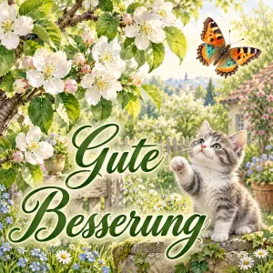 Kätzchen schaut zu einem Schmetterling zwischen Apfelblüten, Text: Gute Besserung
