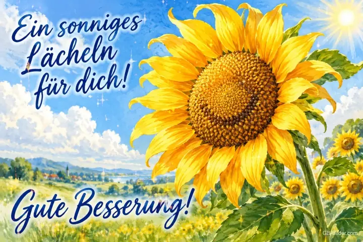 Große Sonnenblume vor einer Sommerlandschaft, Text: Ein sonniges Lächeln für dich! – Gute Besserung! Große Sonnenblume vor einer Sommerlandschaft, Text: Ein sonniges Lächeln für dich! – Gute Besserung!