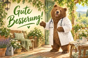 Braunbär im Arztkittel mit Stethoskop auf einer Gartenterrasse, Text: Gute Besserung!