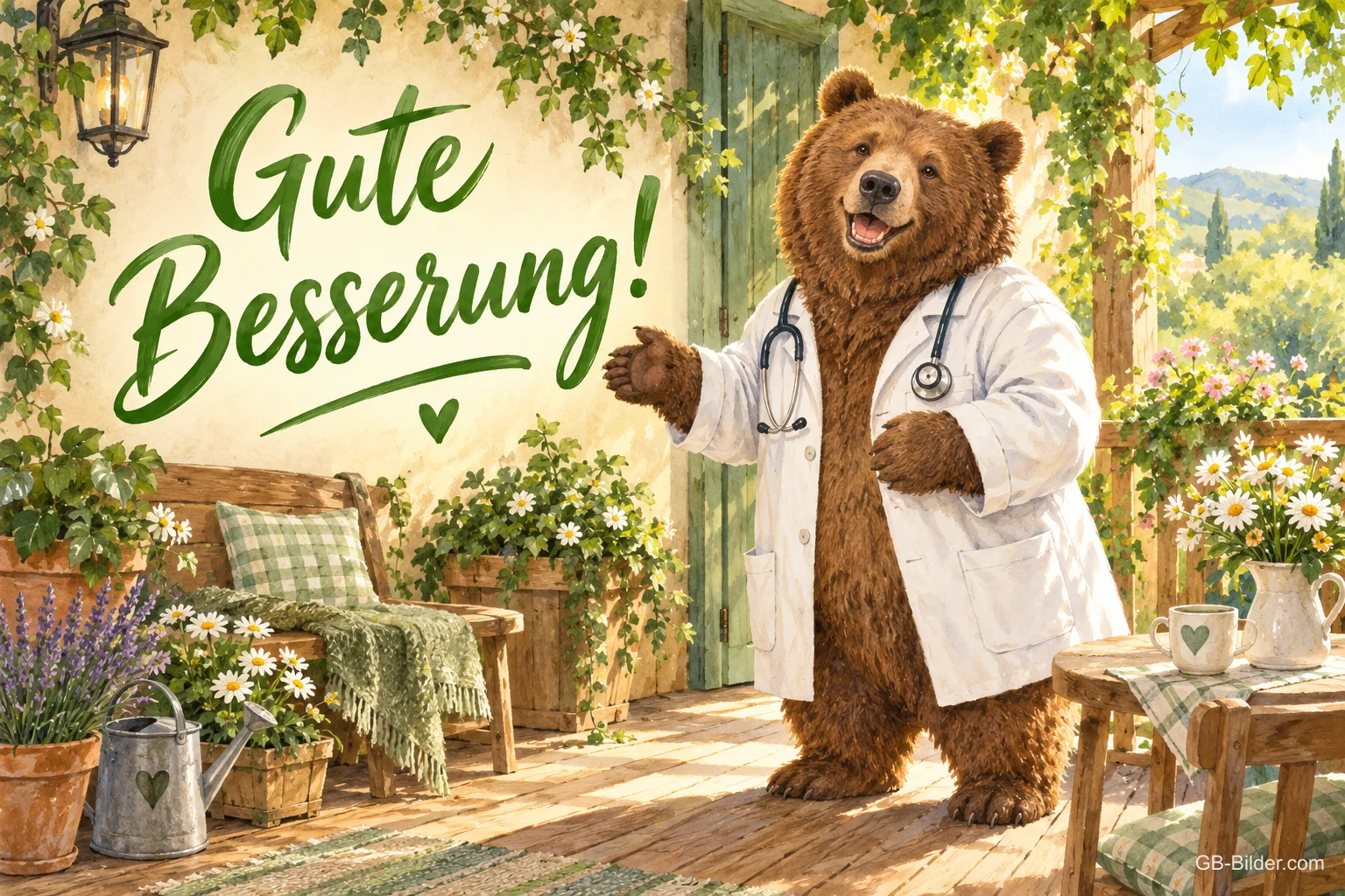 Braunbär im Arztkittel mit Stethoskop auf einer Gartenterrasse, Text: Gute Besserung! Braunbär im Arztkittel mit Stethoskop auf einer Gartenterrasse, Text: Gute Besserung!