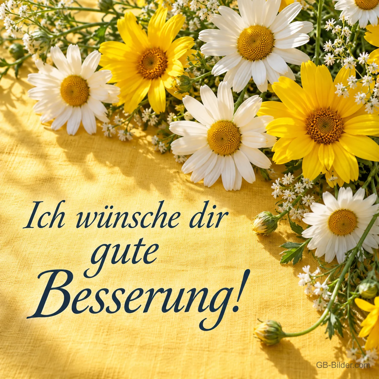 Weiße und gelbe Margeriten auf gelbem Tuch, Text: Ich wünsche dir gute Besserung! Weiße und gelbe Margeriten auf gelbem Tuch, Text: Ich wünsche dir gute Besserung!