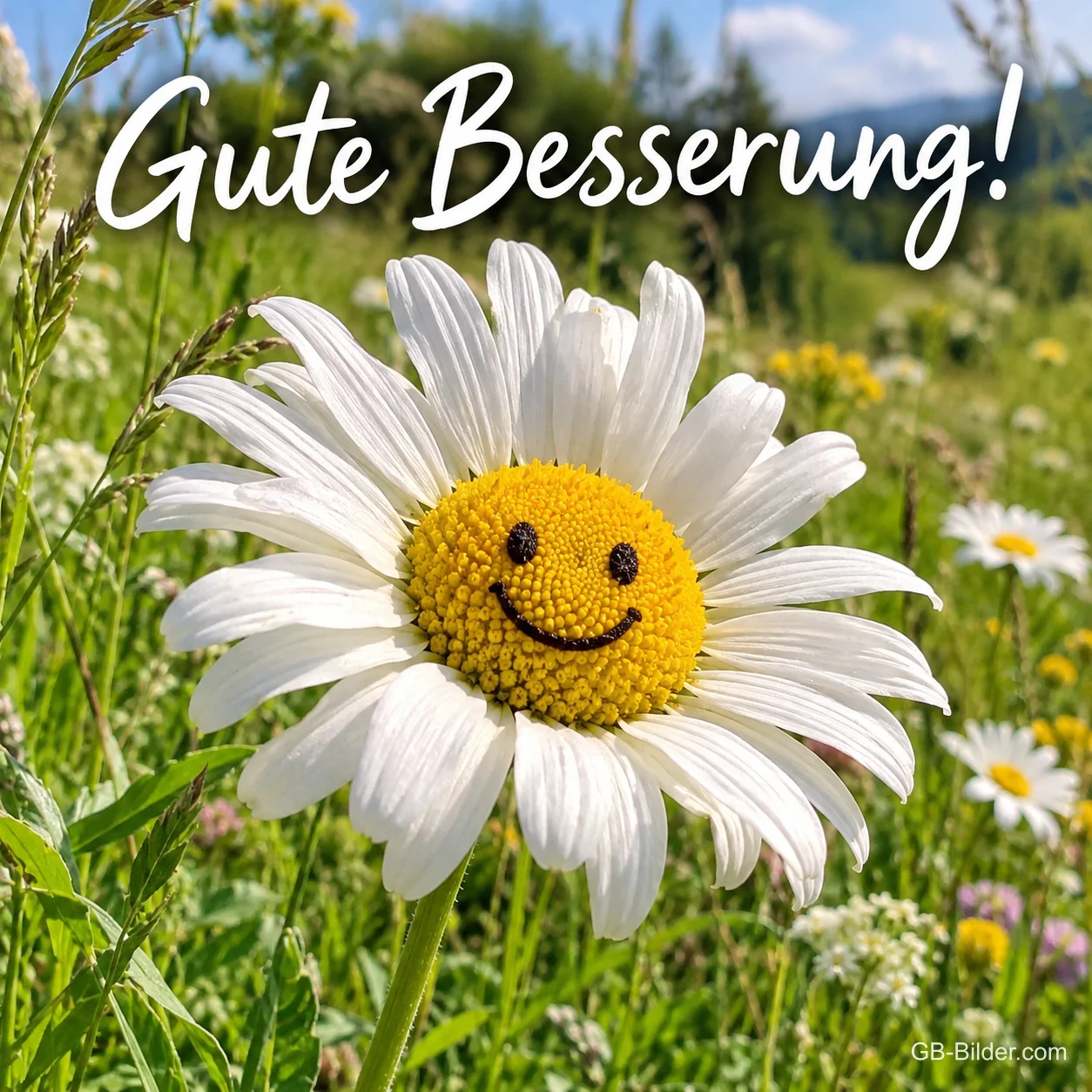 Margerite mit Smiley-Gesicht auf einer Wiese, Text: Gute Besserung! Margerite mit Smiley-Gesicht auf einer Wiese, Text: Gute Besserung!