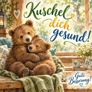 Zwei Bärenjunge kuscheln auf einer Decke am Fenster, Text: Kuschel dich gesund! – Gute Besserung!