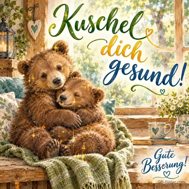 Zwei Bärenjunge kuscheln auf einer Decke am Fenster, Text: Kuschel dich gesund! – Gute Besserung! Zwei Bärenjunge kuscheln auf einer Decke am Fenster, Text: Kuschel dich gesund! – Gute Besserung!