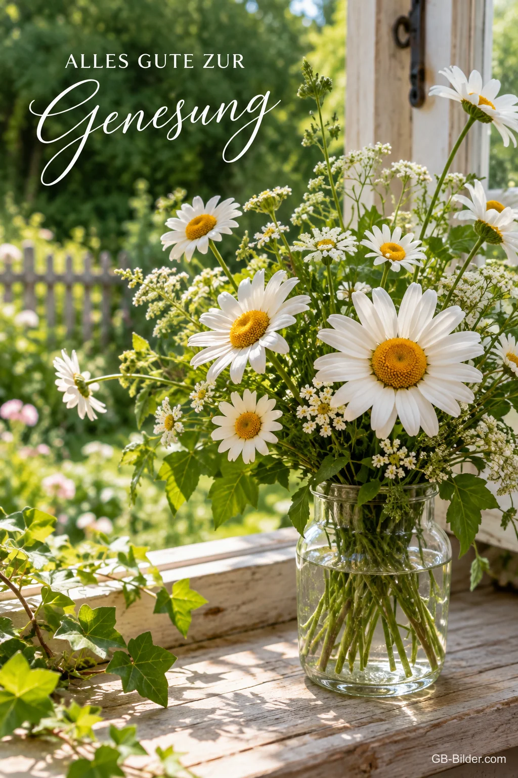 Margeritenstrauß in einem Glas am Fenster, Text: Alles Gute zur Genesung Margeritenstrauß in einem Glas am Fenster, Text: Alles Gute zur Genesung