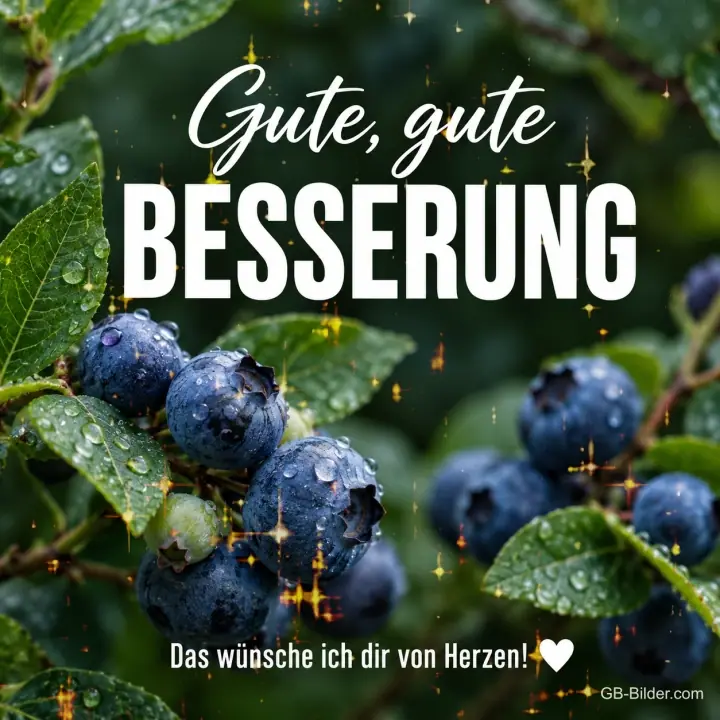 Heidelbeeren mit Tautropfen am Strauch, Text: Gute, gute BESSERUNG – Das wünsche ich dir von Herzen! Heidelbeeren mit Tautropfen am Strauch, Text: Gute, gute BESSERUNG – Das wünsche ich dir von Herzen!