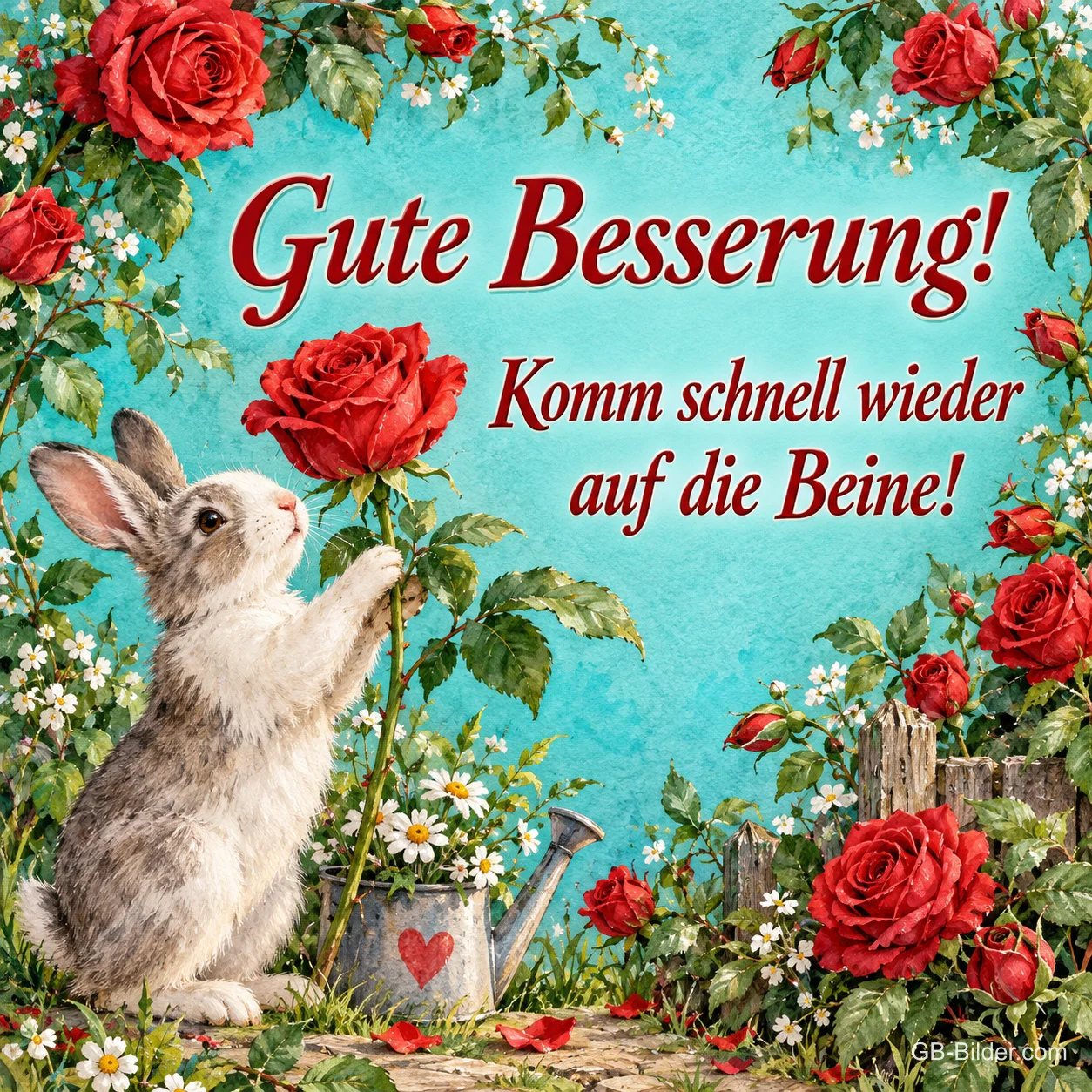 Hase hält eine rote Rose zwischen Rosenranken, Text: Gute Besserung! – Komm schnell wieder auf die Beine! Hase hält eine rote Rose zwischen Rosenranken, Text: Gute Besserung! – Komm schnell wieder auf die Beine!