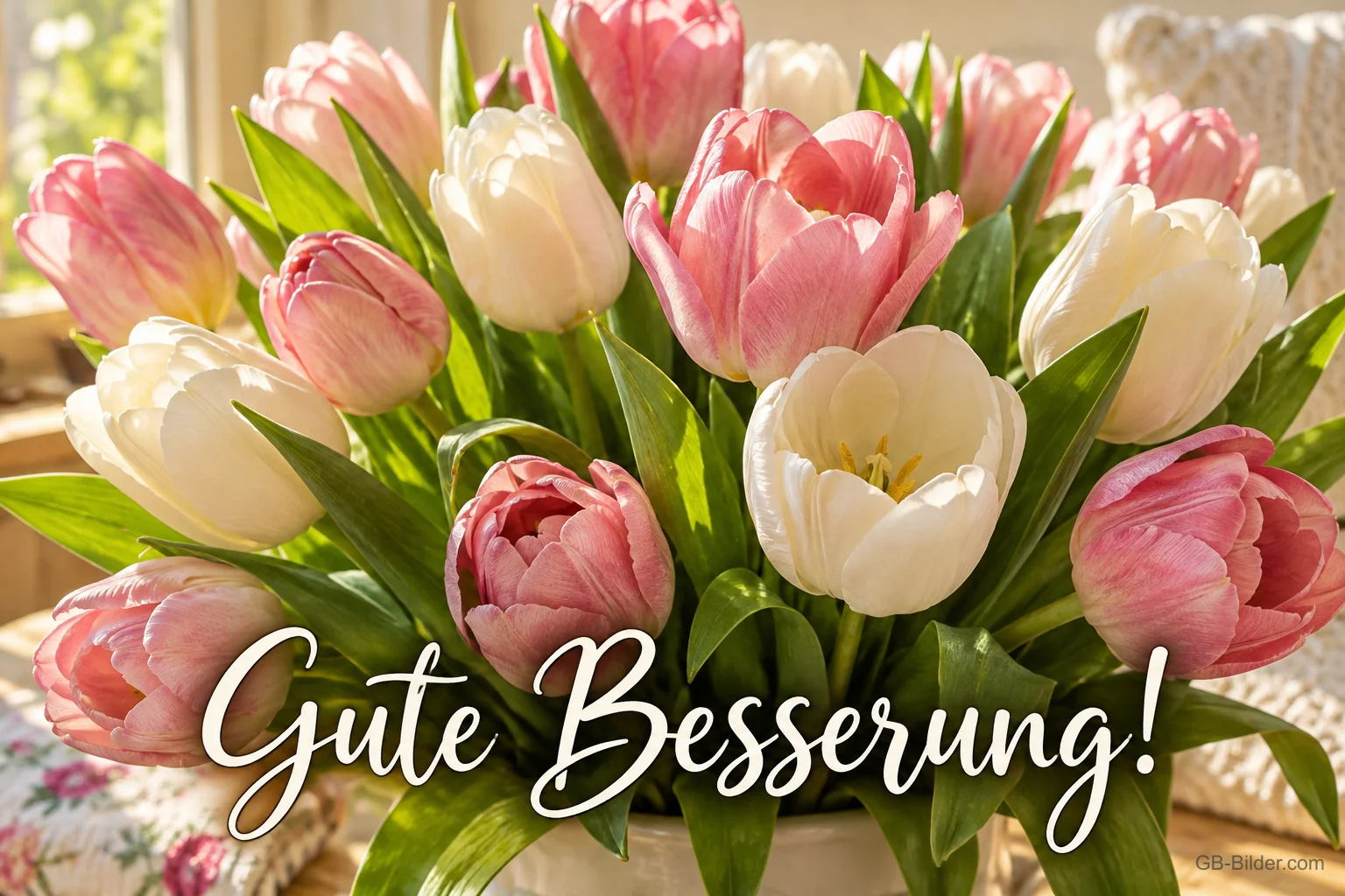 Rosa und weiße Tulpen am Fenster, Text: Gute Besserung! Rosa und weiße Tulpen am Fenster, Text: Gute Besserung!