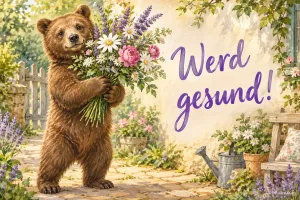 Bär hält einen bunten Wiesenblumenstrauß im Garten, Text: Werd gesund!